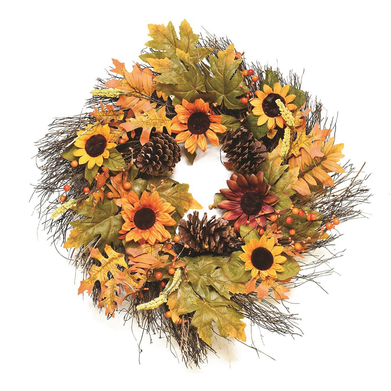 24&#x22; Unlit Autumn Harvest Fall Leaves, Berries, Pinecones &#x26; Sunflowers Artificial Wreath